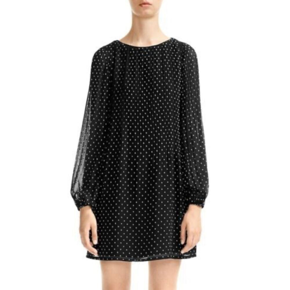 NWOT MAJE Rockito Pleated Polka Dot Black Shift Dress Women's Size 0